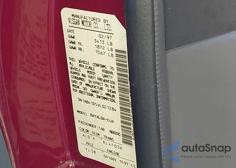 1997 Nissan Sentra Gle/Gxe/Xe z USA, uszkodzony, nr VIN 3N1AB41D5VL021284